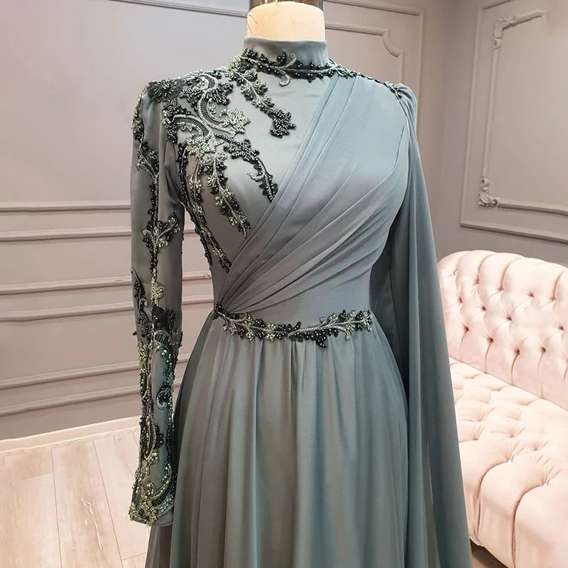 Elegant Grey Blue High Collar Long Sleeve Moslin Evening Dress A-line Decal Beaded Chiffon Formal Prom Dresses For Women 2023