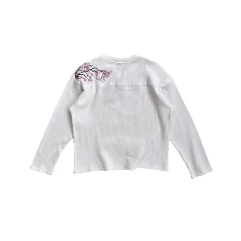 Deeptown White Cherry Blossom Embroidery Man Women T-Shirts Long Sleeve Oversized Waffle Tees Basic Harajuku Casual Streetwear image 6