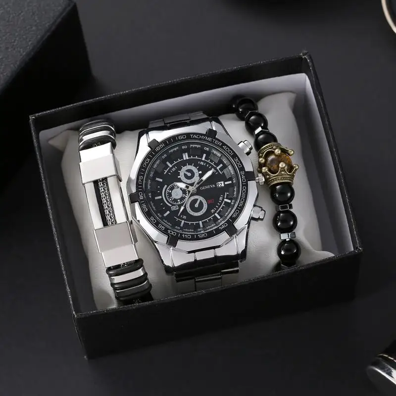 New live hot sale men\'s steel band set watch fashion three eyes calendar men\'s watch 3pcs quartz waterproof watch