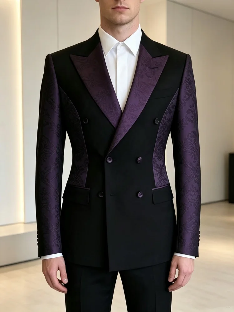 Men Black Double Breasted Blazer Purple Floral Jacquard Lapel & Sleeve Contrast Slim Fit Wedding Groom Stage Formal Tuxedo Jacke
