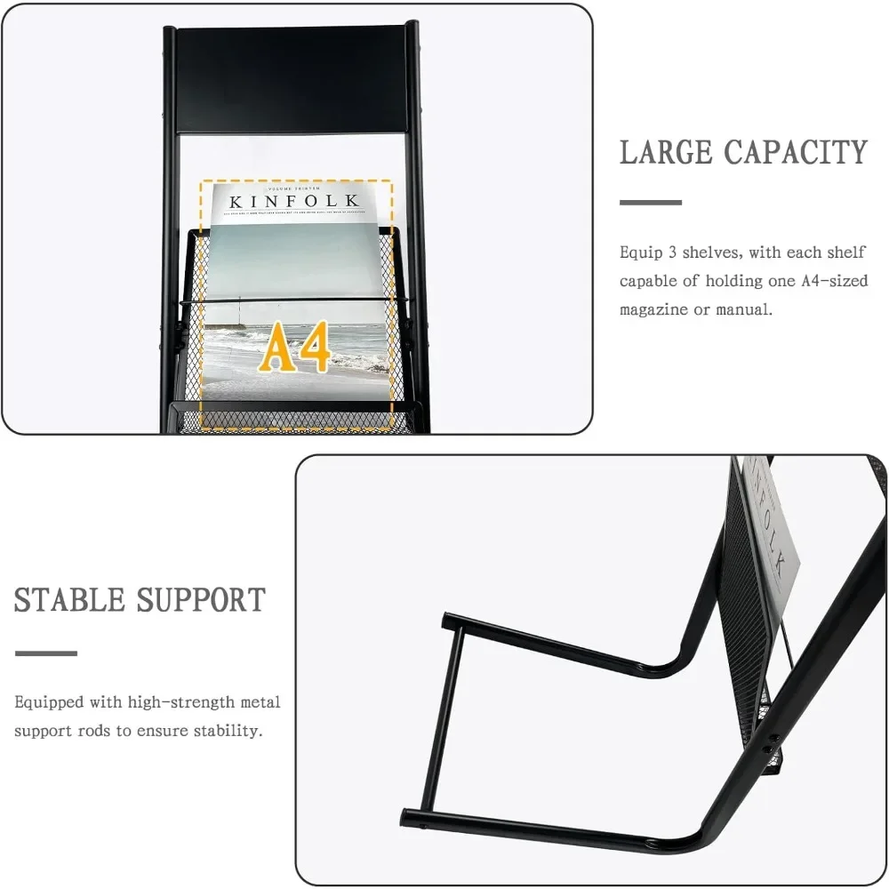 Floor-standing 3-tier magazine rack, brochure display stand, made of high hardness metal, suitable for exhibitions, offices