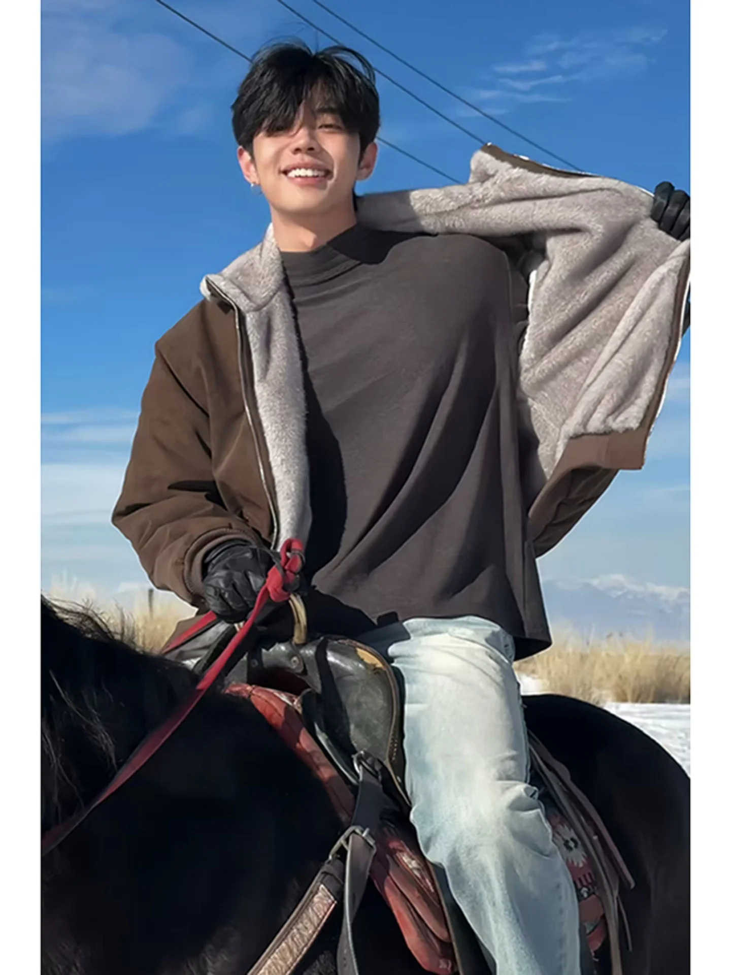 

American Sle Thiened Double Color Fur Cotton Jaet Men's Winter High Street Warmth Mountain Eagle PU Leather Stand C...