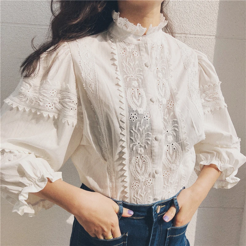 TEELTNN Vintage Floral Embroidery Lace Blouses Shirts Women Cotton Linen Lantern Sleeve White BLouse Shirt Tops Boho Blusas 2023