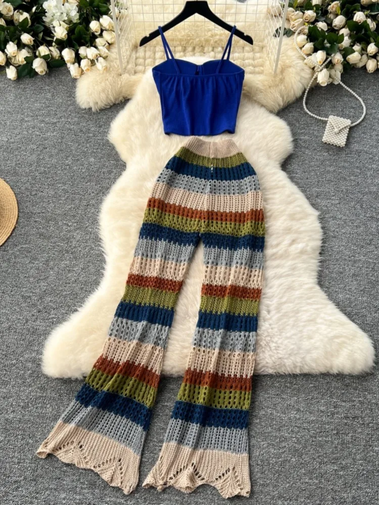 Women Sexy Sleeveless Short Strap Tops Vintage Colorful Striped Hollow Out Knitted Long Flare Pants Boho Beach Two Piece Suits