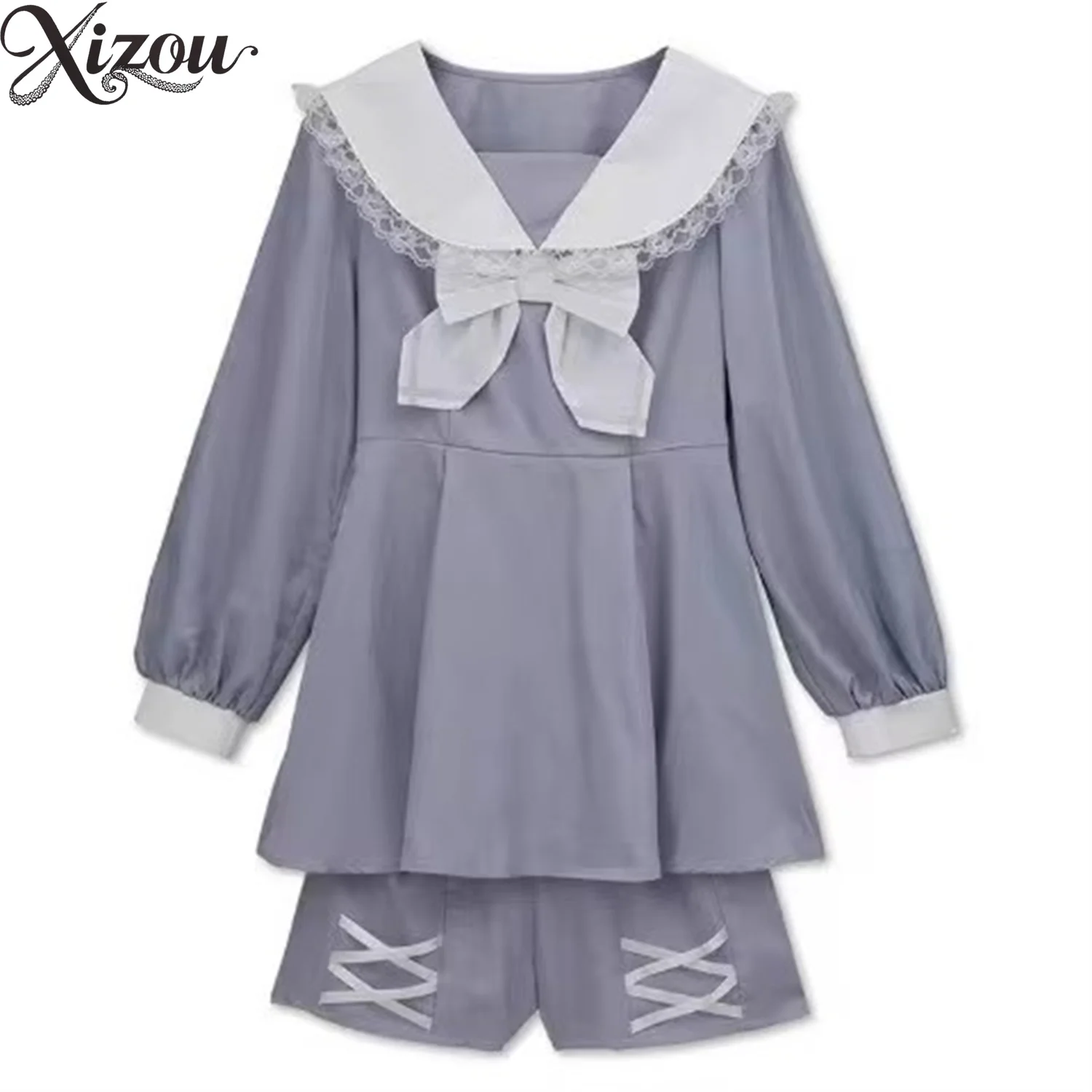 Japanische süße Lolita Matrosenkragen Spitzenbesatz Schleife Kleid Shorts Set Langarm Kawaii Frauen zweiteilige Outfits Y2k JK Anzug