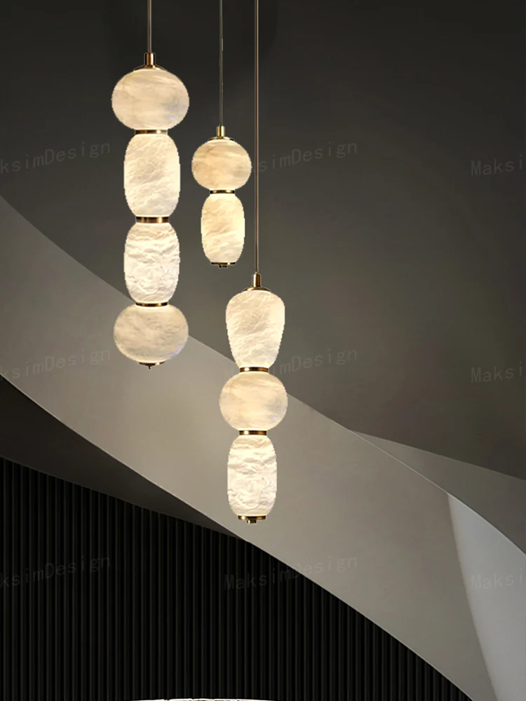 Gentle Glow Premium Smooth Texture Natural Vein Marble Chandelier High Ceiling Modern Luxury Home Decor Lamp LED Pendant Light