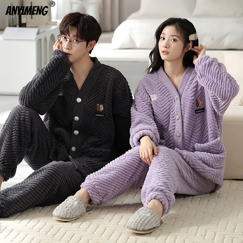 

Winter Couple Plush Velvet Pajamas Set Kawaii Pattern V-neck Pyjamas Kimono Cardigan Sleepwear Fashion Woman and Man Pijamas