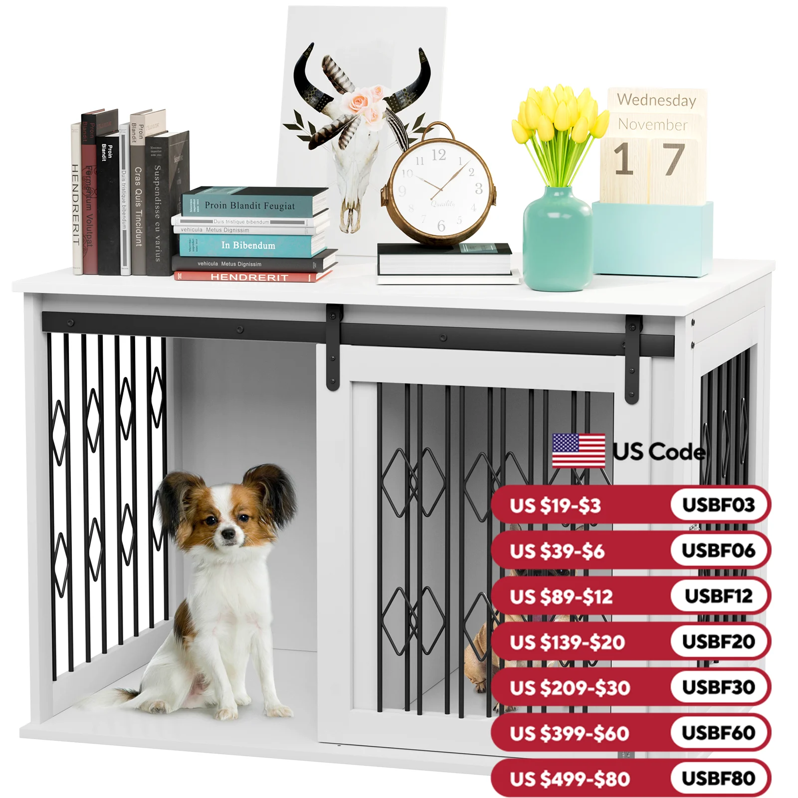 

39.4'' Large Dog Crate End Table Sliding Barn Door Side Table Wooden Indoor Dog Kennel table Modern Puppy Dog Cage end tables