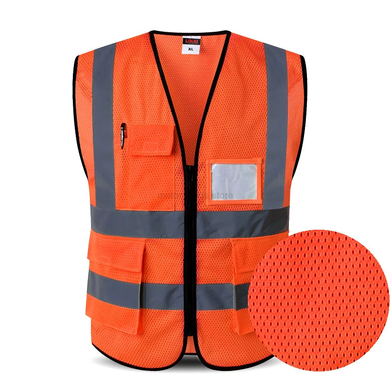 Mesh Safety Vest for Men Reflective Vest Motorcycle Multi Pockets Construction Vest Orange Black Safety Vest