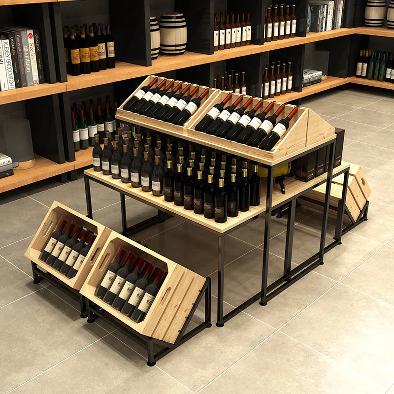 

Industrial style wine cabinet, commercial winery, supermarket island wine rack, solid wood red wine rack