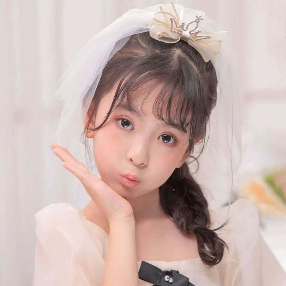 Fashion Girls Pearl Crown Hairpin Children Hairpin Veil Hair Clip Princess Hair Accessories Bow Hair Clip Cute