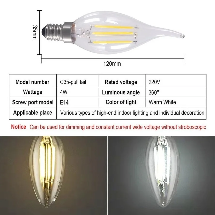 Lampadina a filamento LED rntuu E14 Edison e27 lampada a candela retrò 2W/4W/6W bianco caldo/freddo AC220-240V lampada lampadario C35 a 360 gradi