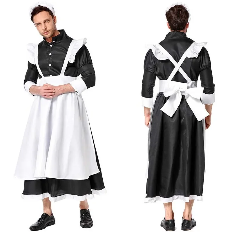 Plus size maid costume for men women appealing set stage waiter costumes big skirt Halloween cosplay maid uniform