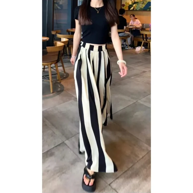 Vintage Fashion Summer New Skirt Pants Women Elastic High Waist Striped Printing Pocket Polka Dot Korean Loose Wide Leg Trousers