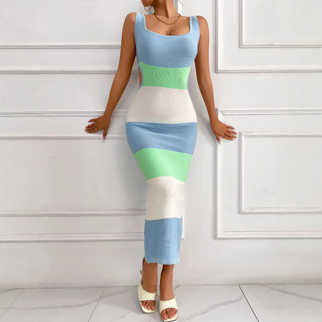 

2025 Spring/summer New Colorful Stripe Contrasting Sleeveless Bareback Strap Slimming Resort Beach Woolen Jumpsuit Women Party