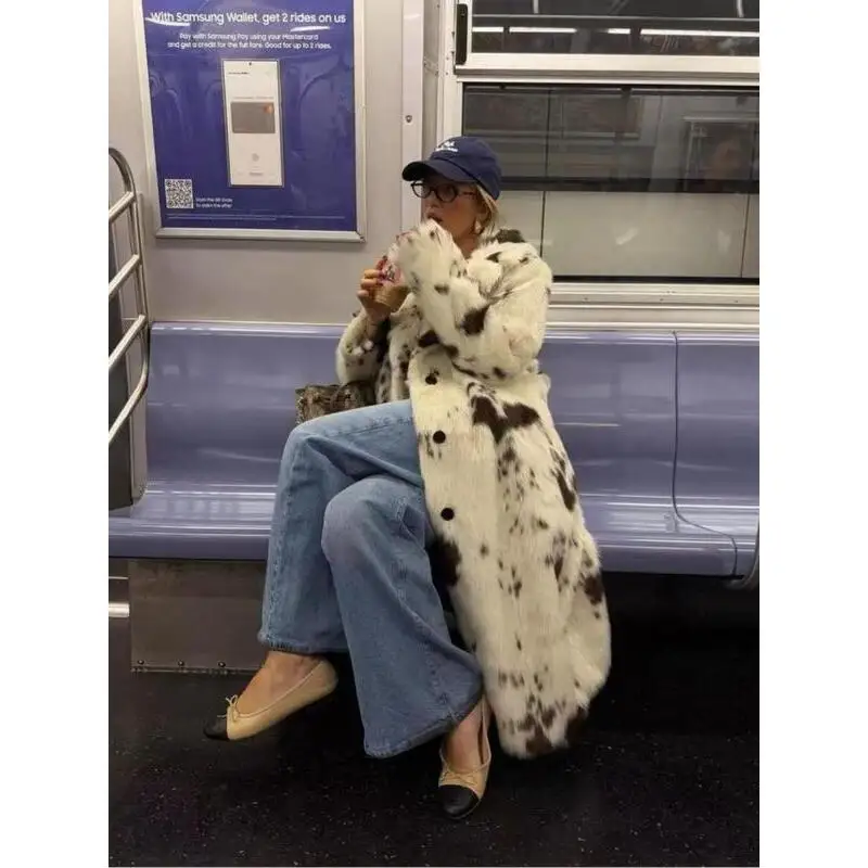 Women's Cow Print Faux Fur Coat Thick Warm Long Jacket for Autumn Winter Seasonal Wear Casual Stylish Female Outerwear