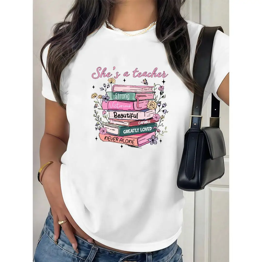 

Women's Teacher Life T-Shirt, She's A Teacher Book Stack Graphic Tee, Inspirational Gift For Educators, Cute Back To School Top