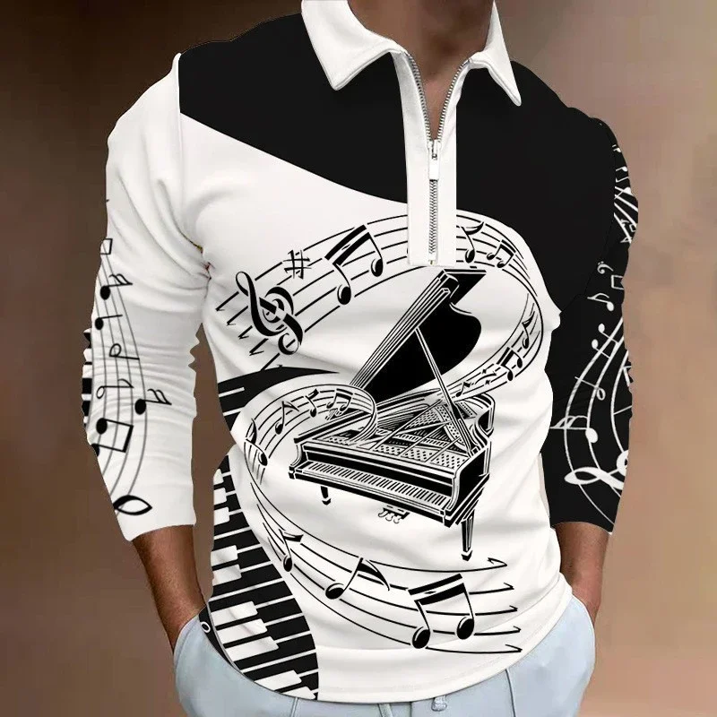 Piano Musical Fashion 3D Print Polo Zipper Long Sleeve Shirt for Men Button Down Fashion Shirt