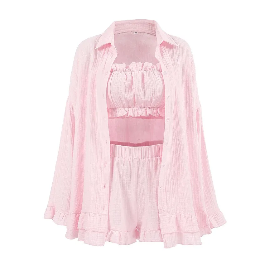 Set Long Sleeve Set with Notched Collar European and American Style Autumn Lightweight Thin Outdoor Loungewear Shorts for Women view 3