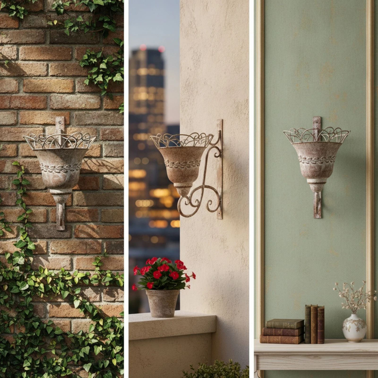 Wall Planter with Bracket Ornate Wall-Mounted Planter Iron Flower Holder Distressed Hanging Flower Holder Decorative
