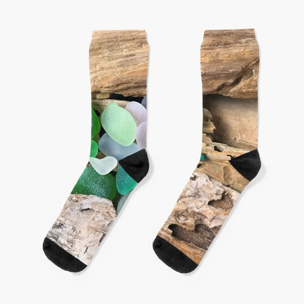 Seaglass and Driftwood with Heart Shaped Sea Glass Socks kids shoes Men Socks Luxury Brand Women's