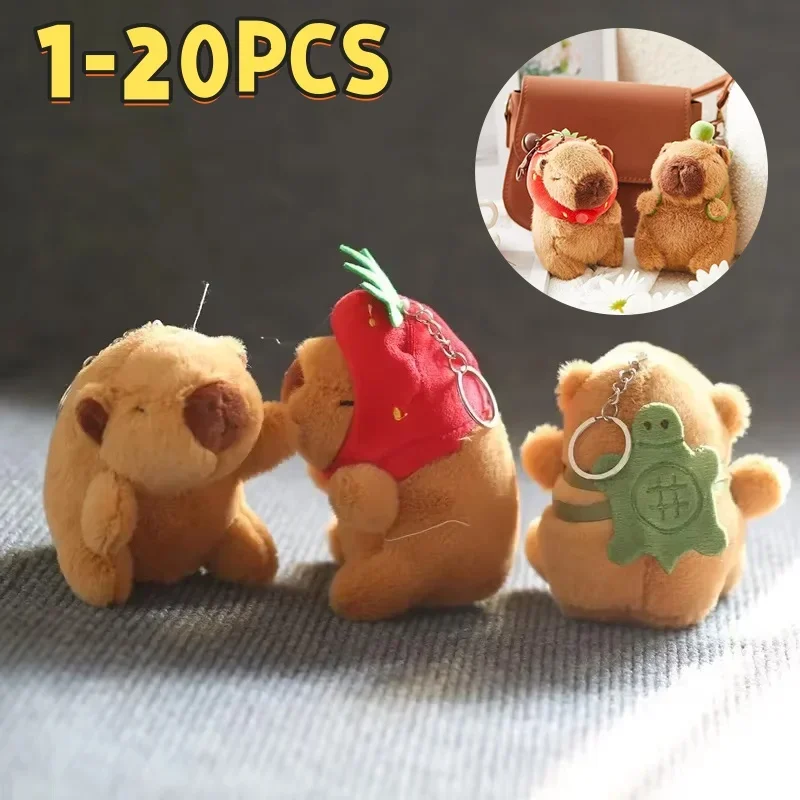 Strawberry Hat Capybara Plush Toy Simulation Turtle Backpack Capibara Stuffed Animals Toys Keychain Papa Hand Circle Ring Doll