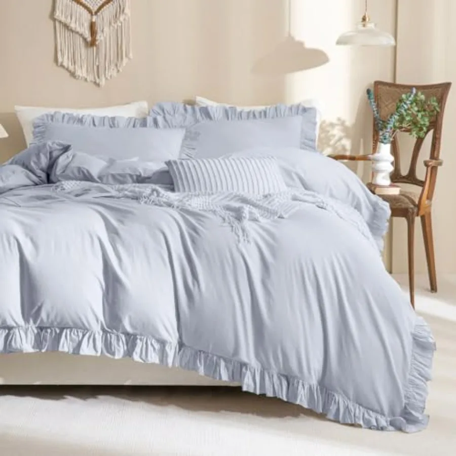 

Ruffle Duvet Cover Size Washed Cotton, 3pc Feel Farmhouse Shabby Vintage Ruffled Bedding Set French Country Rustic Comforter Co