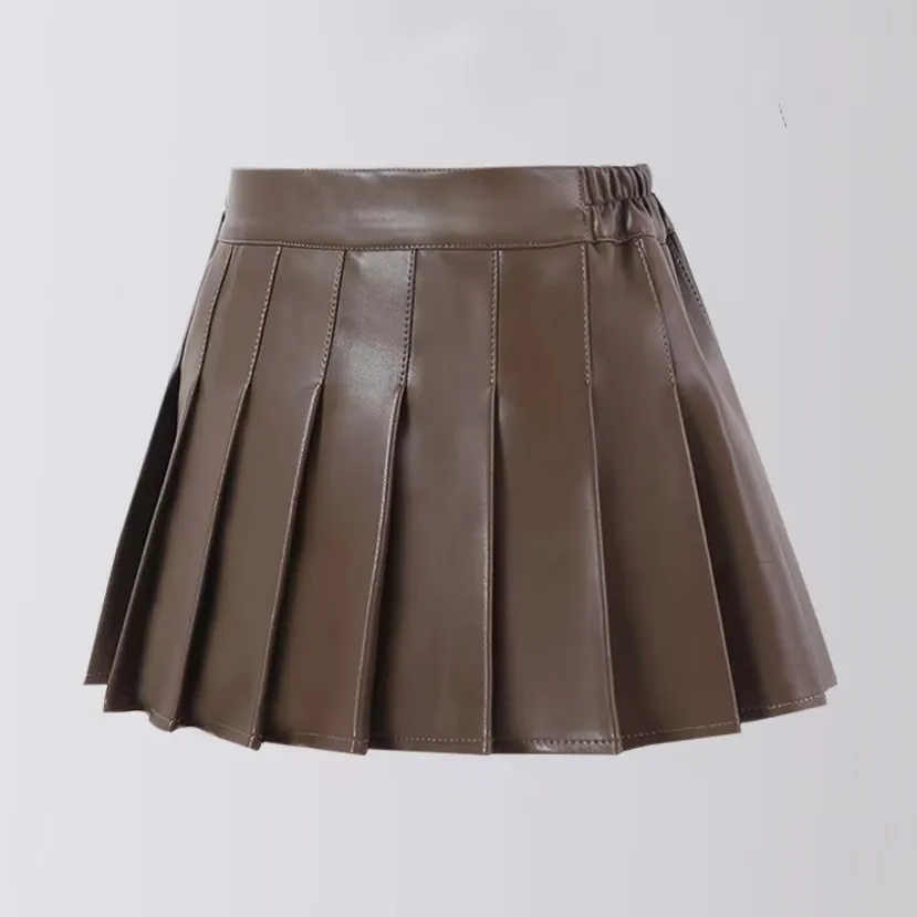 Fashion Girl Skirt PU Leather Pleated Skirt High Waist Teenager Girl Clothes JK Skirts Plus Size Kids Clothing Children Outfits