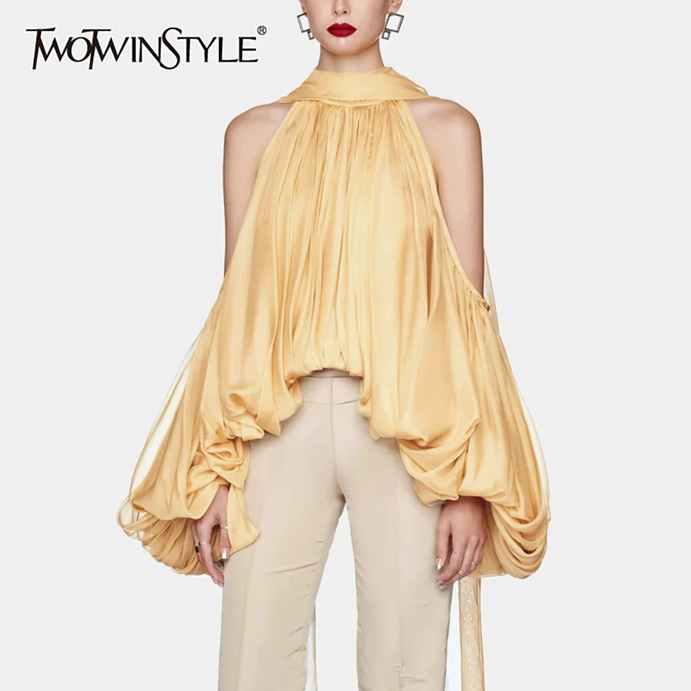 

TWOTWINSTYLE однотонные свободные модные блузки для женщин с круглым вырезом и длинными рукавами в стиле пэчворк, элегантный топ, женская одежда, новинка