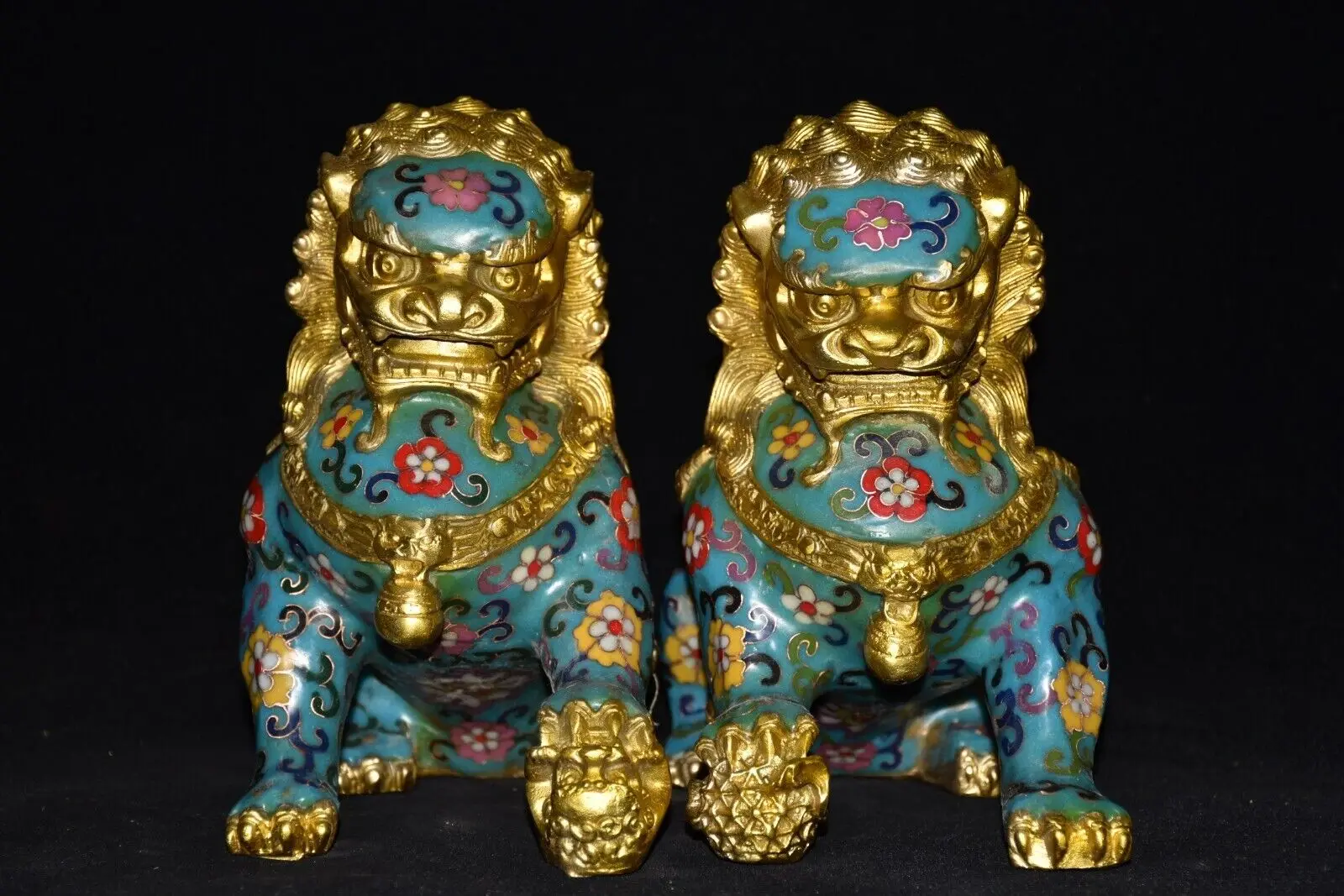 9″ fengshui Exquisite copper Cloisonne enamel pair foo dog door lion gilt statue