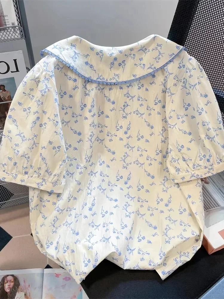 Bloemen Vintage Vrouwen Shirt Casual Losse Korte Mouw Elegante Franse Blouse Zoete Retro Leuke Peter Pan Kraag Tops Zomer