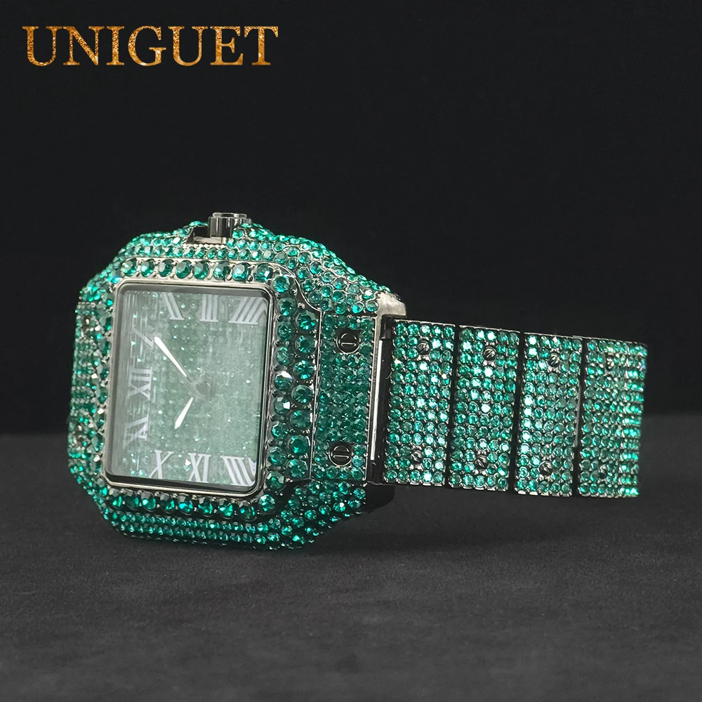 Orologio verde da uomo Orologi al quarzo da uomo Hip Hop con diamanti ghiacciati di lusso dal design accattivante con calendario Orologio luminoso Dropshipping