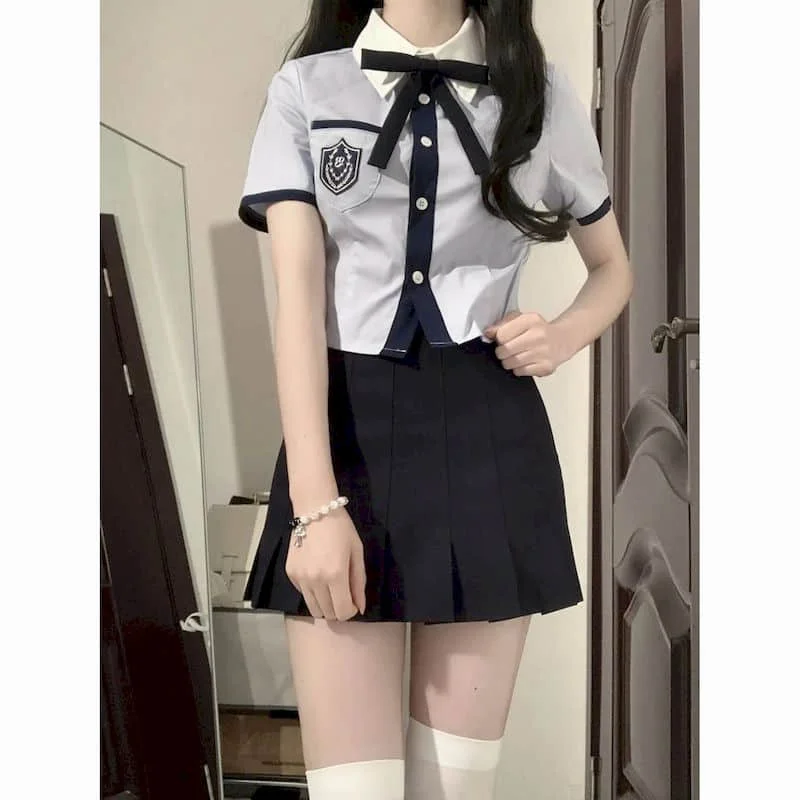 

JK Uniform Summer New Preppy Style Blue Short Sleeve Bowknot Shirt Pleated Short Skirt Set Japanese Korean Style Suits Dress Set