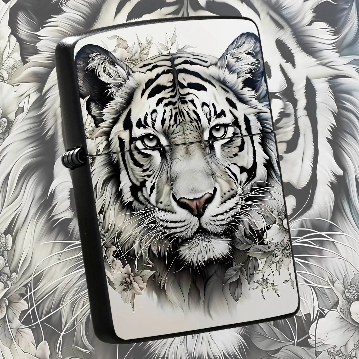 ExquisiteFloral Themed Windproof Portable Lighter, Art Hand Drawn White Striped Tiger Pattern Decor, Practical Stylish Accessory for Daily Use, Outdoor Activities, Holiday Gifting and Unique Festival Present A Humorous And Interesting Light