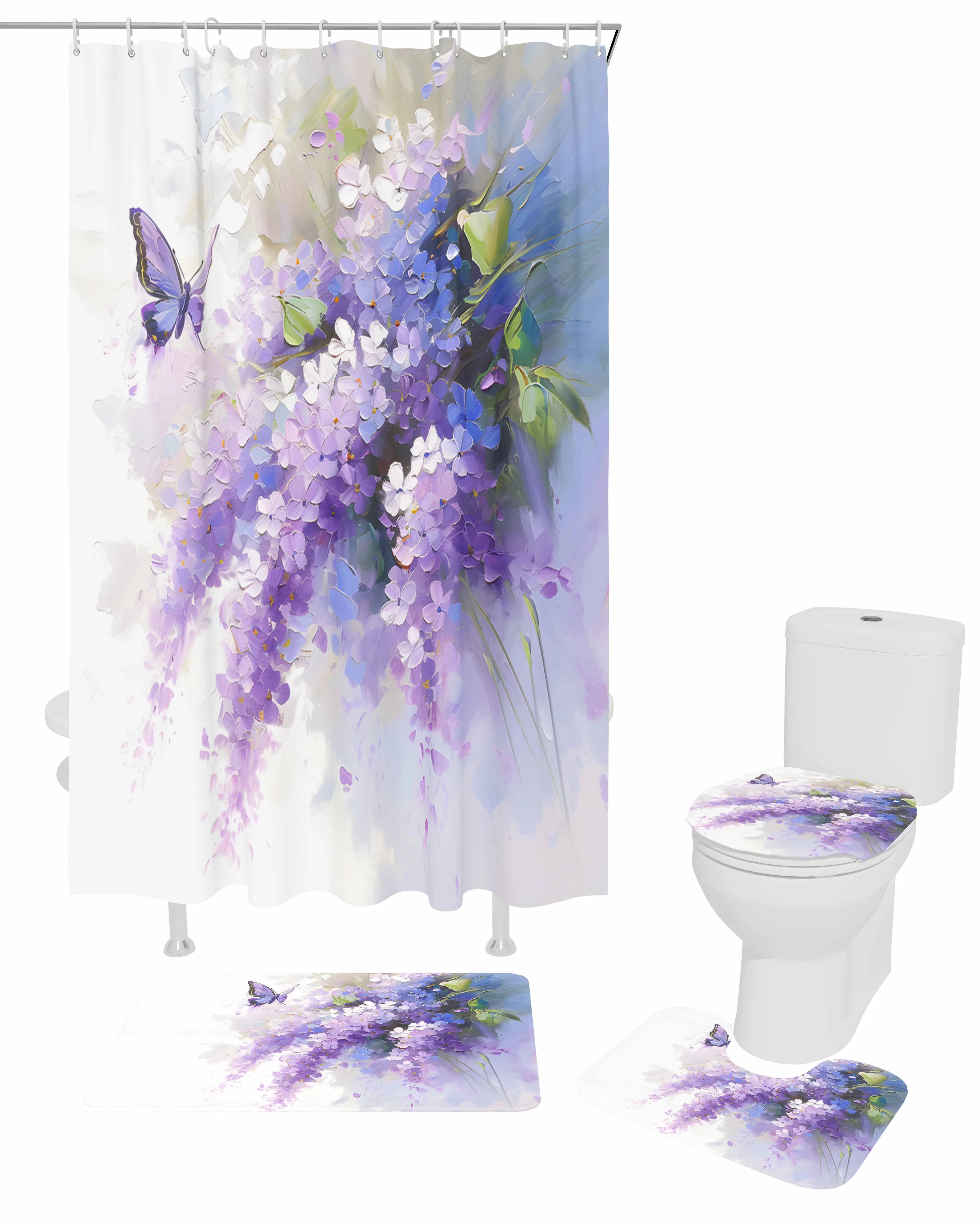 Oil Painting Purple Lavender Butterfly Shower Curtain Set Non-Slip Rugs Bath Mat Toilet Lid Cover Waterproof Bathroom Curtain