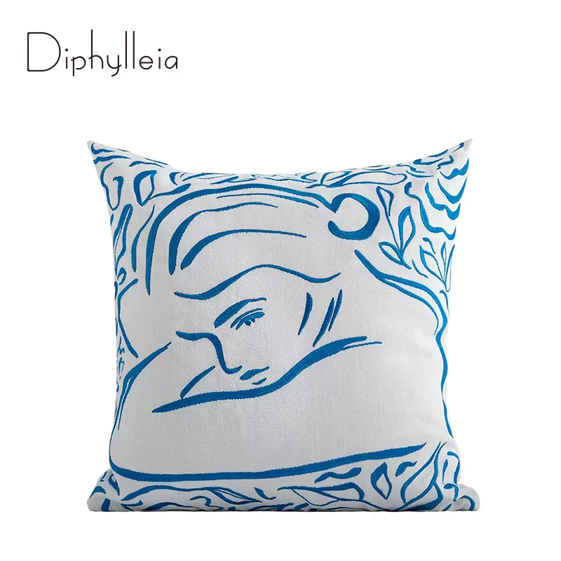 Diphylleia Modern Portuguese Style Decorative Pillow Cover Silhouette Of A Woman Embroidery Cushion Case Luxury Coussin 45x45cm