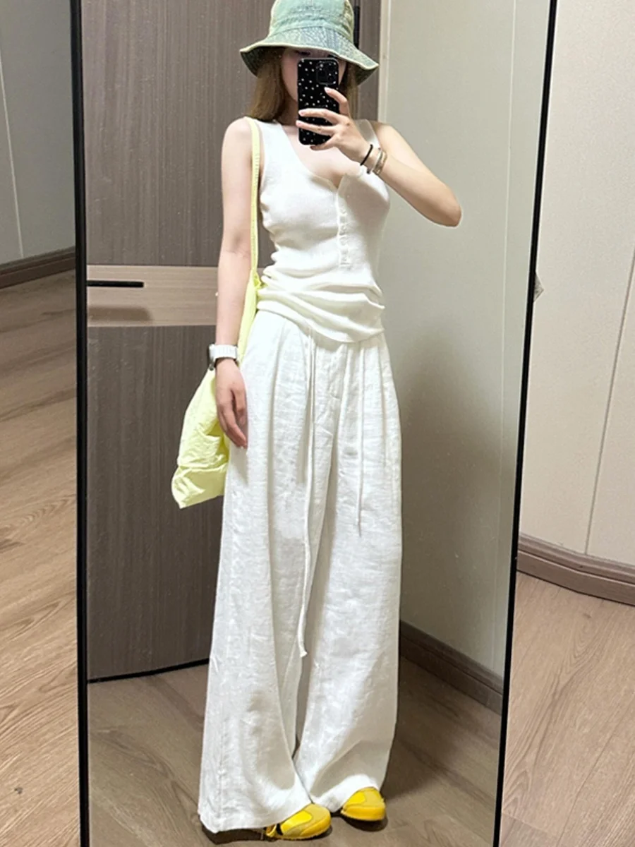 

Emily Clud Recommended White Linen Wide Leg Pants Women Summer High Waist Draped Casual Trousers Loose Fit Straight Leg Pants