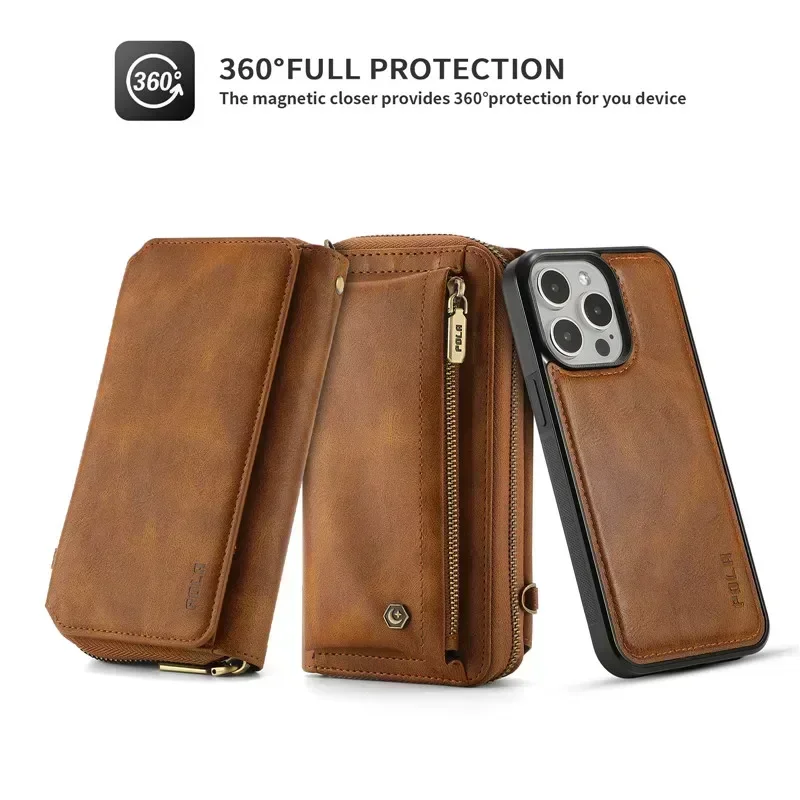Luxury Leather Zipper Wallet Card Phone Bag for IPhone 15 Pro Max 14 Plus 13 12 11 SE XS XR X 8 7 6S Lanyard Flip Case Cover
