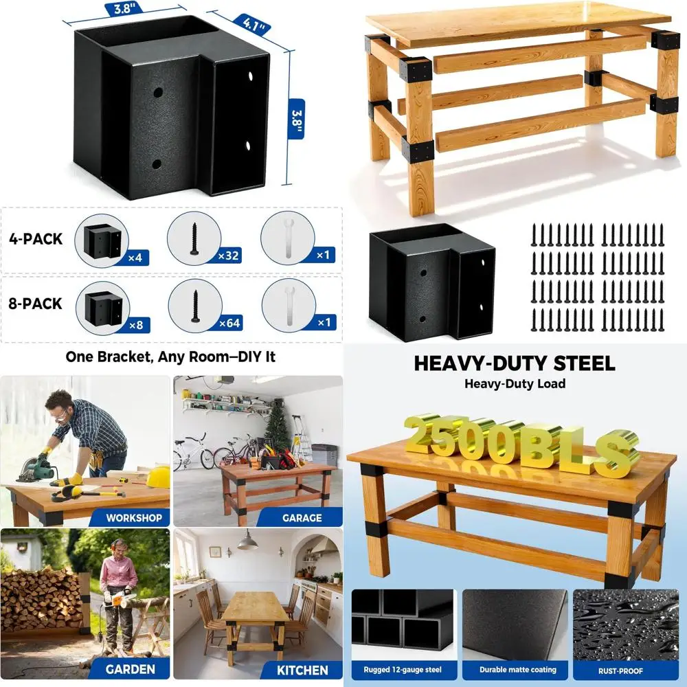 

3-Way Corner Brackets Kit for 2x4 Lumber, 4-Pack DIY Workbench Support for Indoor and Outdoor Use