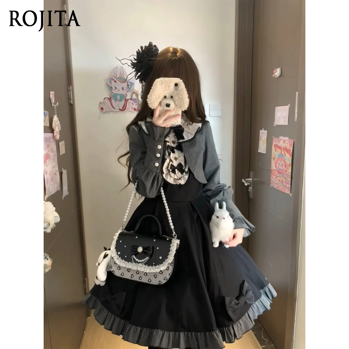 

Vintage Long Sleeve Dress for Women 2025 Autumn New Sweet Fake Two-Piece Patchwork Lace Striped Lolita Gothic Lolita Dress