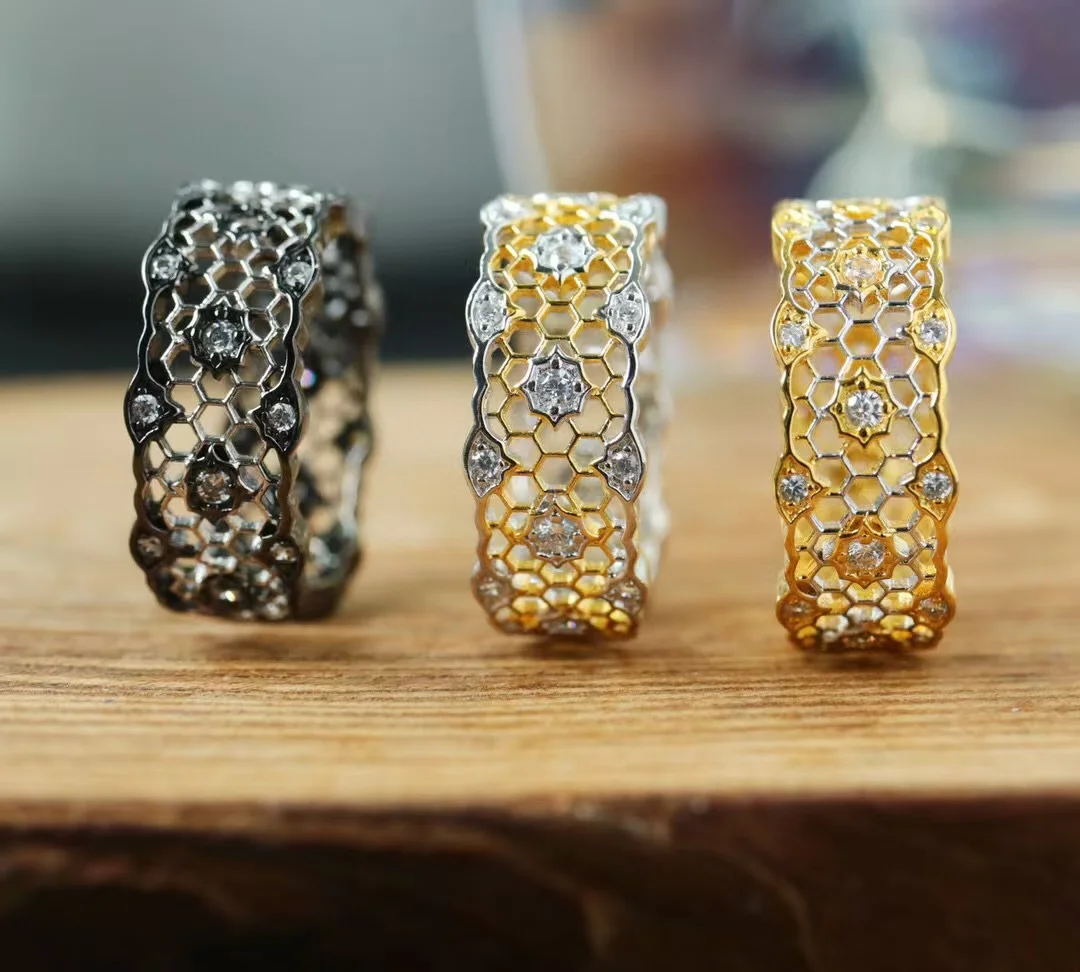 

Винтажное шикарное унисекс серебряное тюлевое кружевное кольцо из тюля 925 пробы, черное золото, сотовые открытые ленты на палец для женщин и мужчин, высококачественные мужские украшения