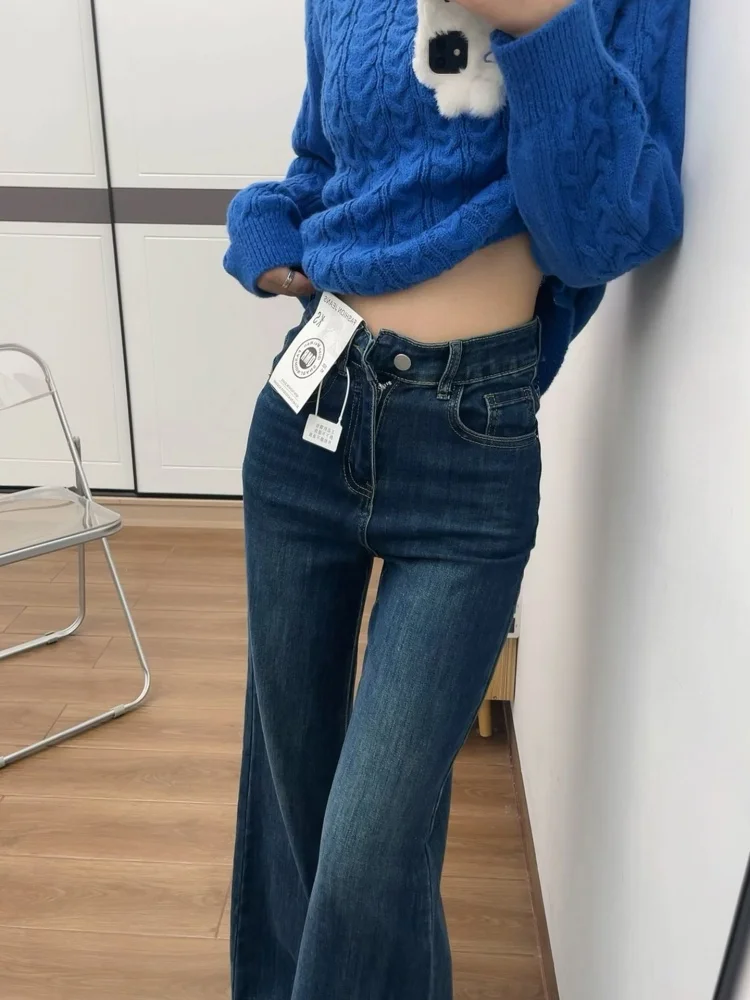 جينز جينز عالي الخصر باللون الأزرق الداكن للنساء لخريف وشتاء Fce مقاس كبير جذاب للتخسيس وإخفاء الورك... #3