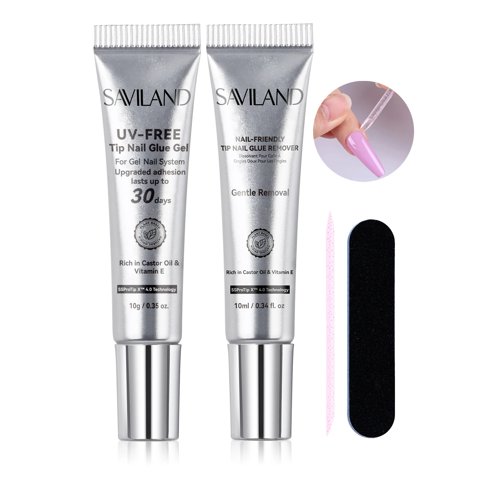 SAVILAND Semi Solid Nail Glue Gel 10g with Quick Remover 10ml No Curing Needed 30 Days Wear Fast Removal for Press On Nails Tips