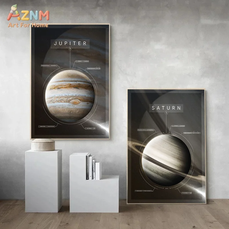 AZNM Solar System Planet Astronomical Info Graphic Frameless Canvas Poster Space Themed Study Living Room Wall Art Decor
