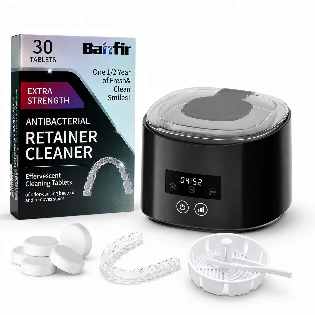 50kHz Sonic Retainer Cleaner with 30 Effervescent Tablets, Drain Basket, Tweezers, UV Portable Travel Case for Braces Dentures