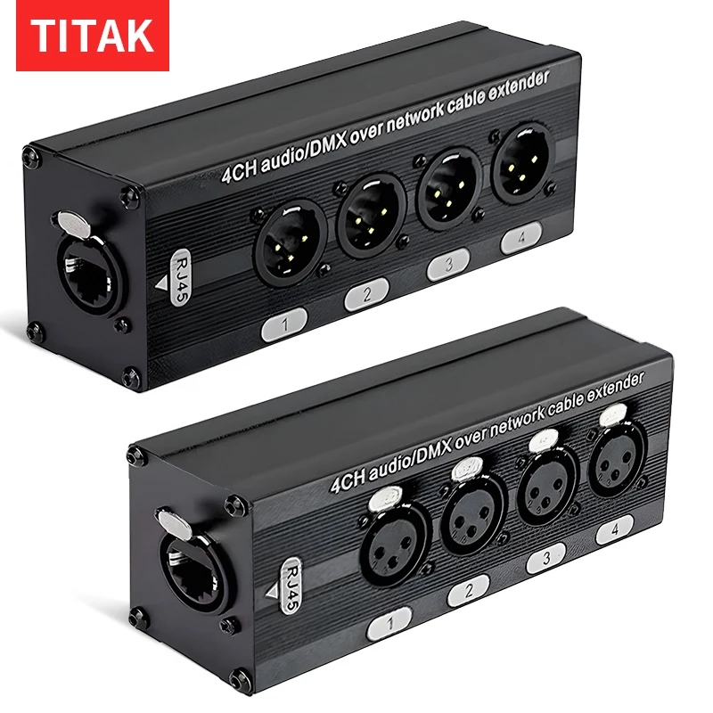 RJ45 CAT5 to 4 Channel 3Pin XLR/DMX Audio Extender DMX512 Network Signal Gilding Extender For Live Stage, Audio Recording Studio