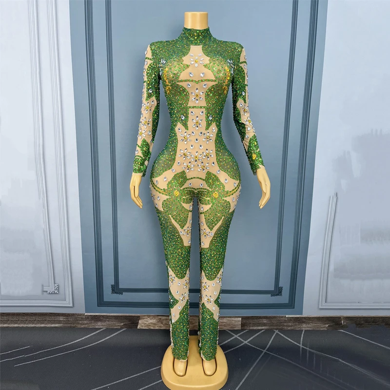 Jour de noël vert strass combinaison femmes Halloween discothèque DJ tenue Sexy pôle danse vêtements scène Rave porter XS10588