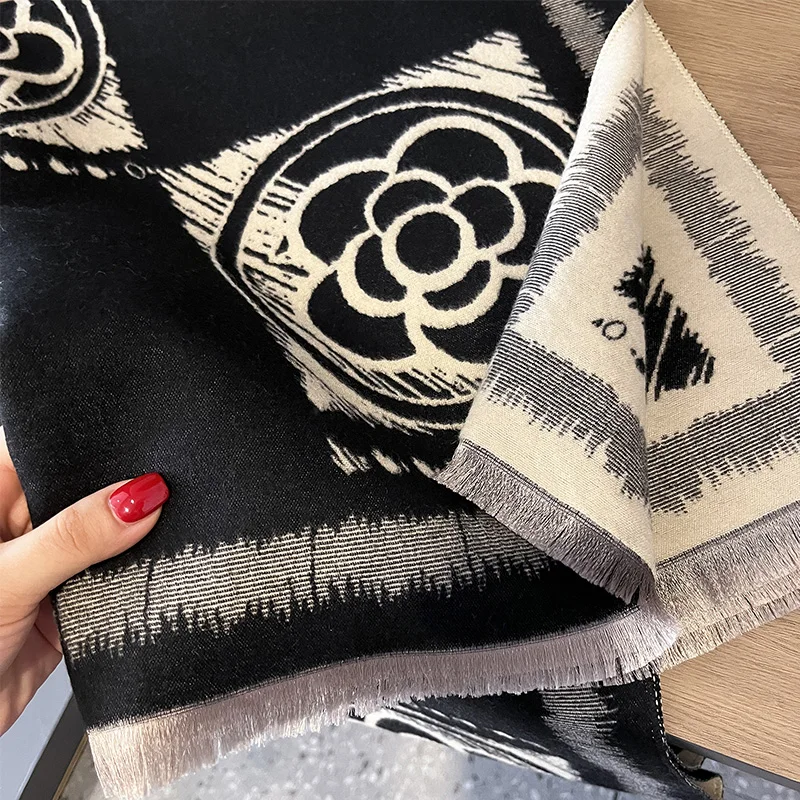 New Luxury Winter Camellia Two-Sided Cashmere Jacquard Scarves High Quality Women Thicken Wrap Shawl Ladies Wool Pashmina Scarf