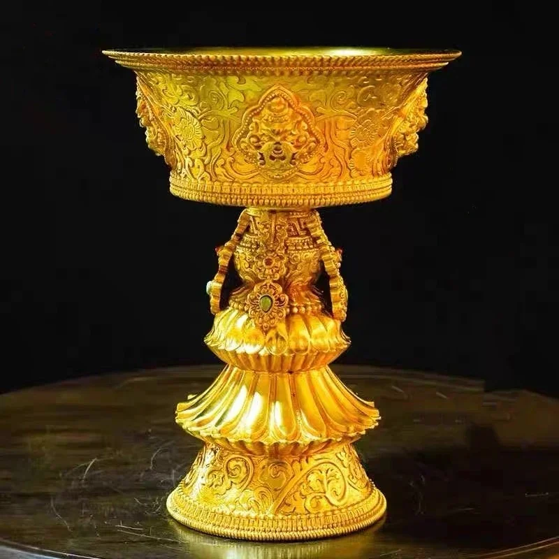 Tibetan Candlestick Engraving Gilding Inlaid Gem Handicraft Tantric Altars Lamp Buddhist Religious Decorative Item