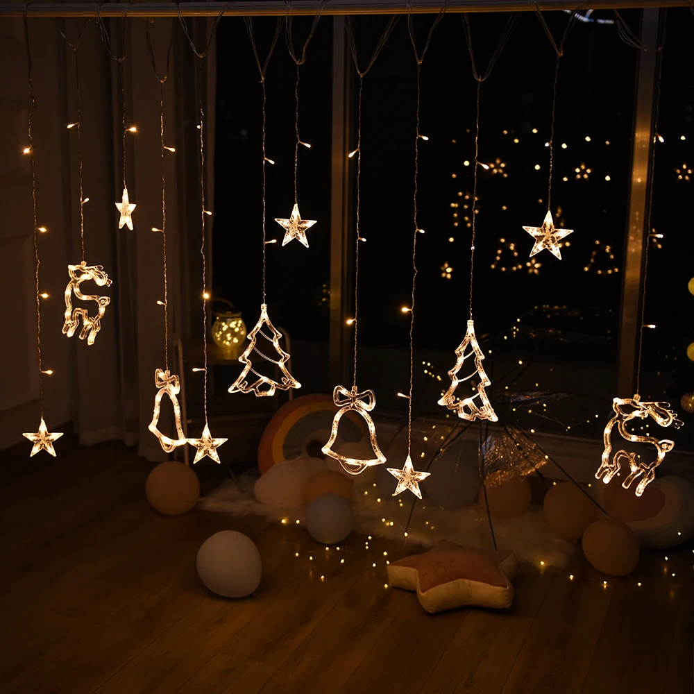 Christmas Fairy Curtain String Lights 3.4M LED Star Deer 220V 110V Garland Festoon For Xmas Tree New Year Navidad Party Decor